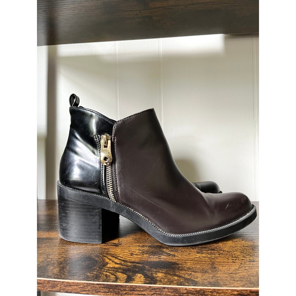 Zara Two Toned Ankle Boots EU 40 US 9 Brown Black‎ Zipper Moto Stacked Heel - Picture 4 of 14